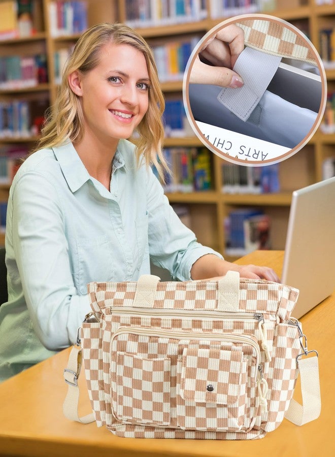 PainZieteg Checkered Tote Bag Bow Bag With Multi Pocket Women Girls Crossbody Corduroy Handbags Purse Work Travel, Brown Plaid Print - Image 3